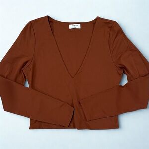 Aritzia Babaton Brown Deep V-Neck Cropped Long Sleeve Top Size L